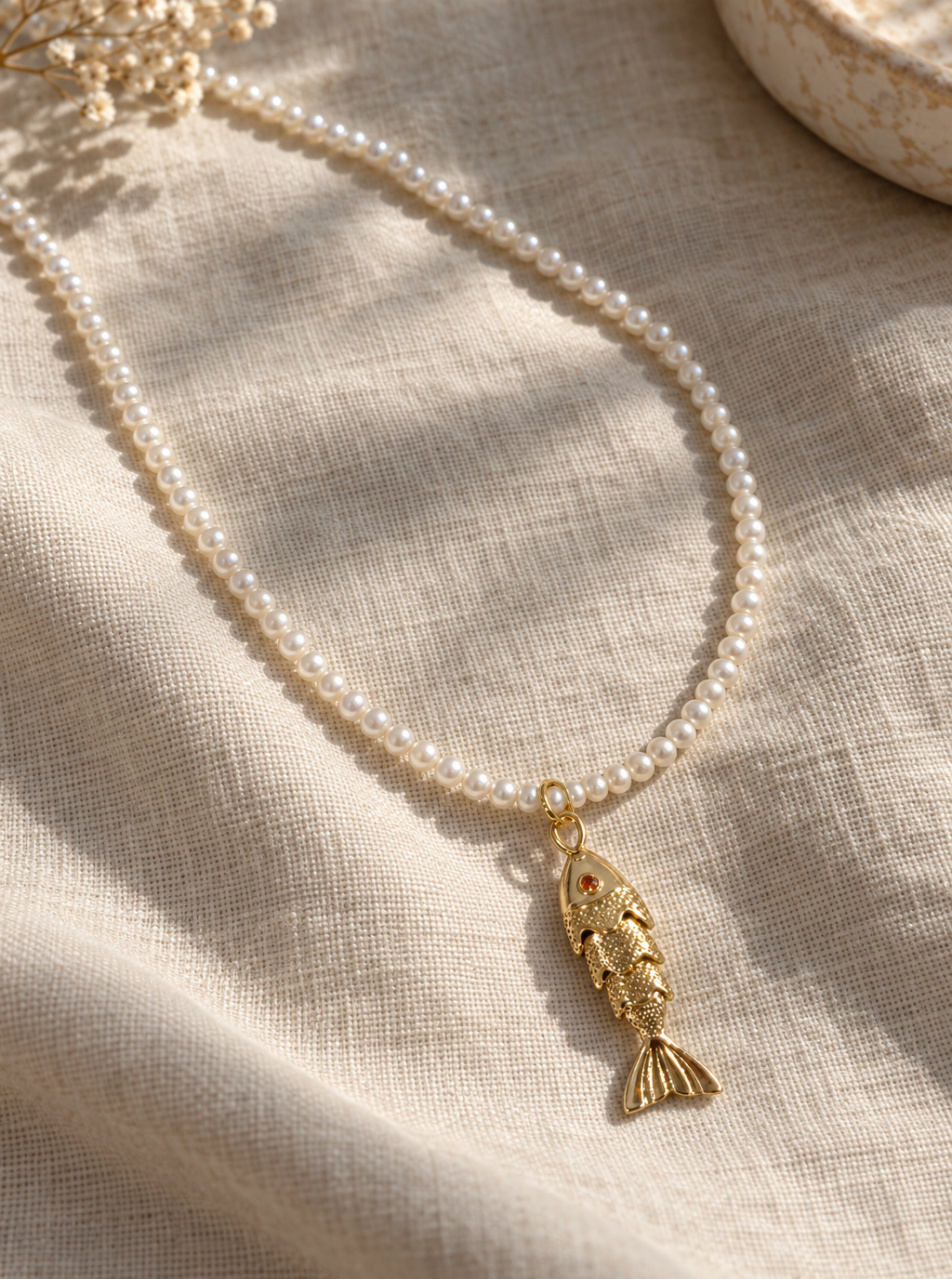 Delicate Natural Pearl Beaded Necklace with Fish Charm