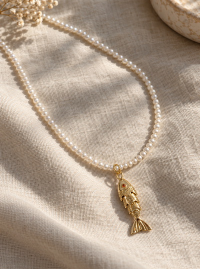 Delicate Natural Pearl Beaded Necklace with Fish Charm