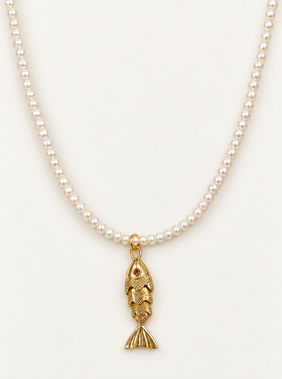 Delicate Natural Pearl Beaded Necklace with Fish Charm