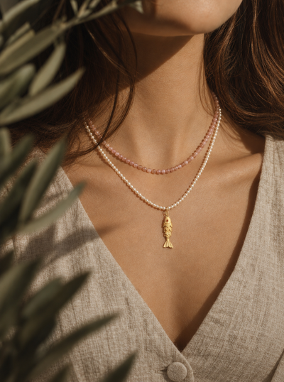 Delicate Natural Pearl Beaded Necklace with Fish Charm