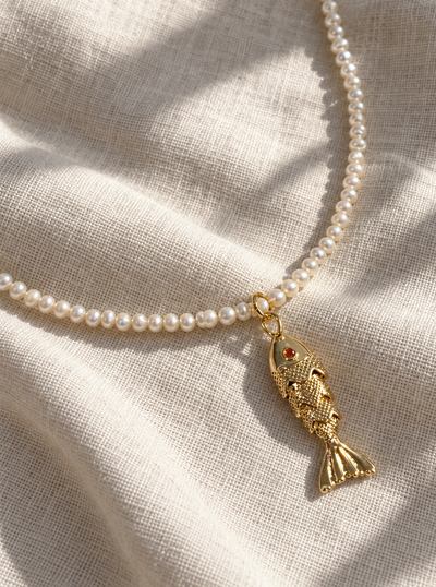 Delicate Natural Pearl Beaded Necklace with Fish Charm