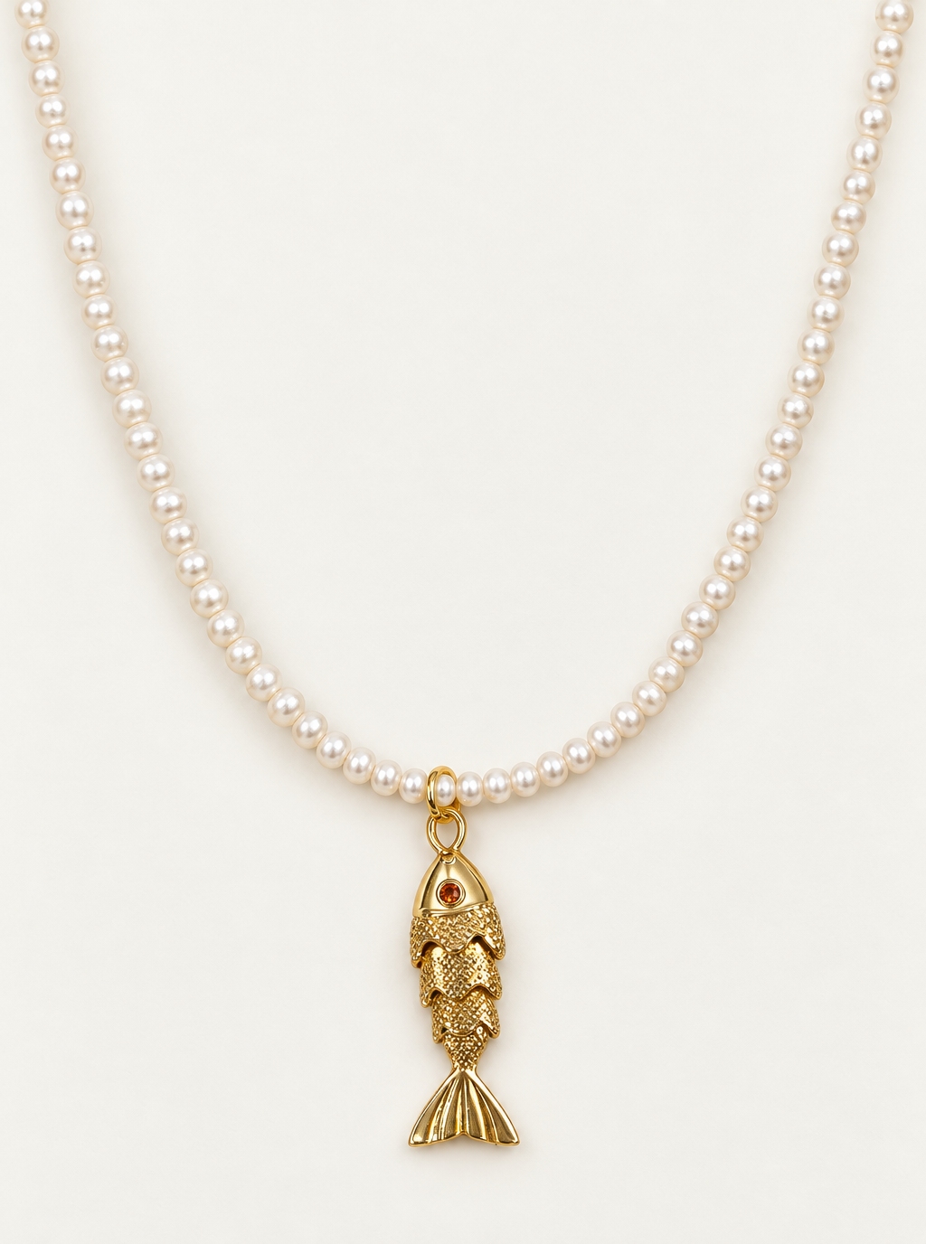 Delicate Natural Pearl Beaded Necklace with Fish Charm