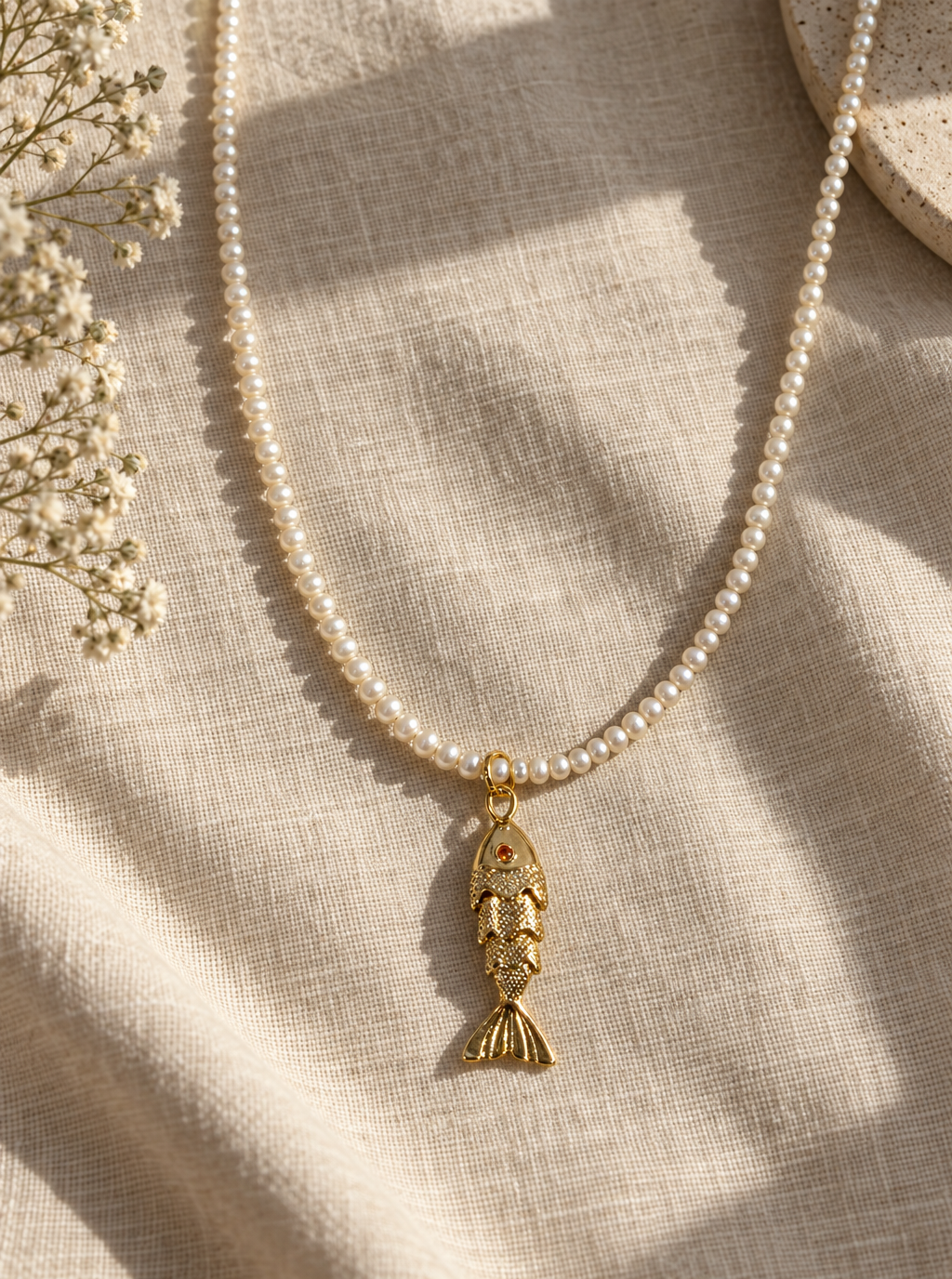 Delicate Natural Pearl Beaded Necklace with Fish Charm