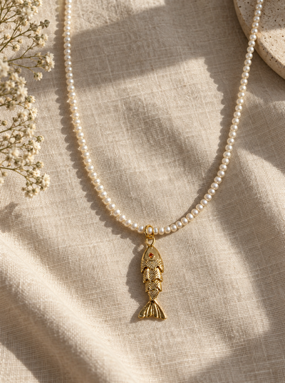 Delicate Natural Pearl Beaded Necklace with Fish Charm