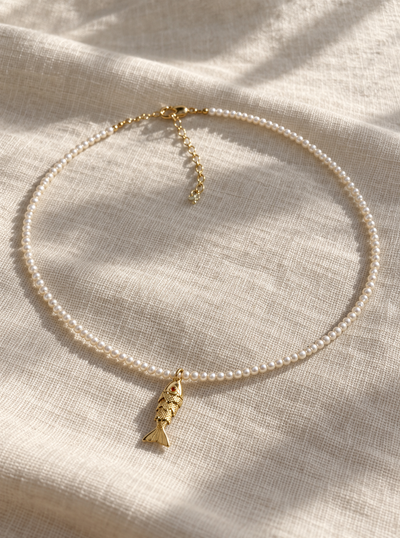 Delicate Natural Pearl Beaded Necklace with Fish Charm