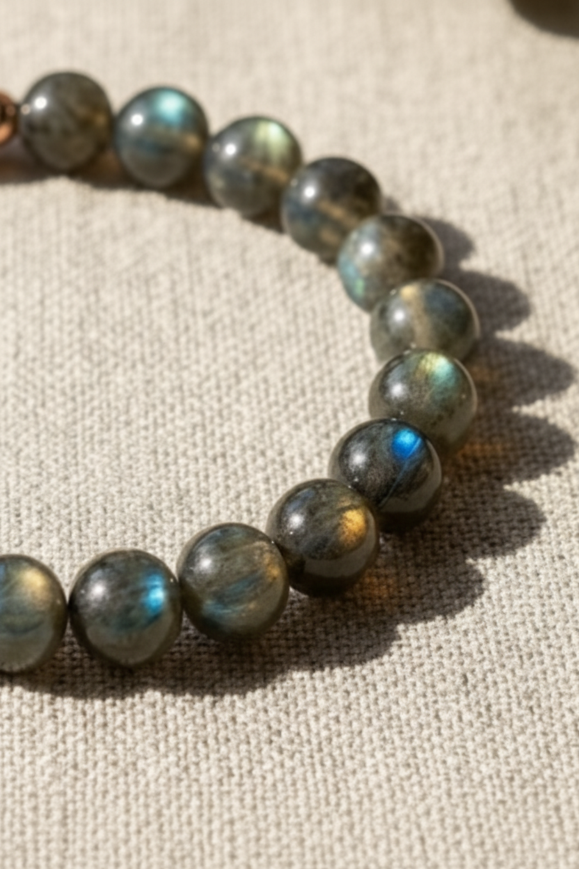 Beaded bracelet with labradorite stones on a textured fabric background